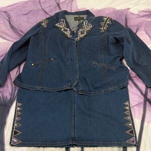 Serafina Embellished Jean Jacket & skirt set - Dark Blue